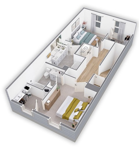 a 3d floor plan showing a bedroom and a living room